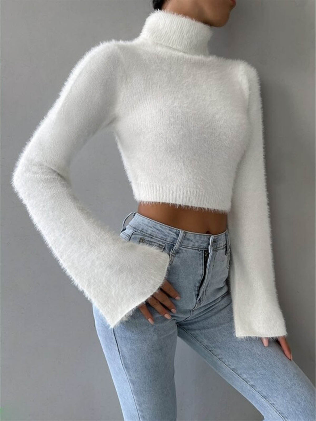 Turtleneck Fuzzy Crop Knit Top image 1