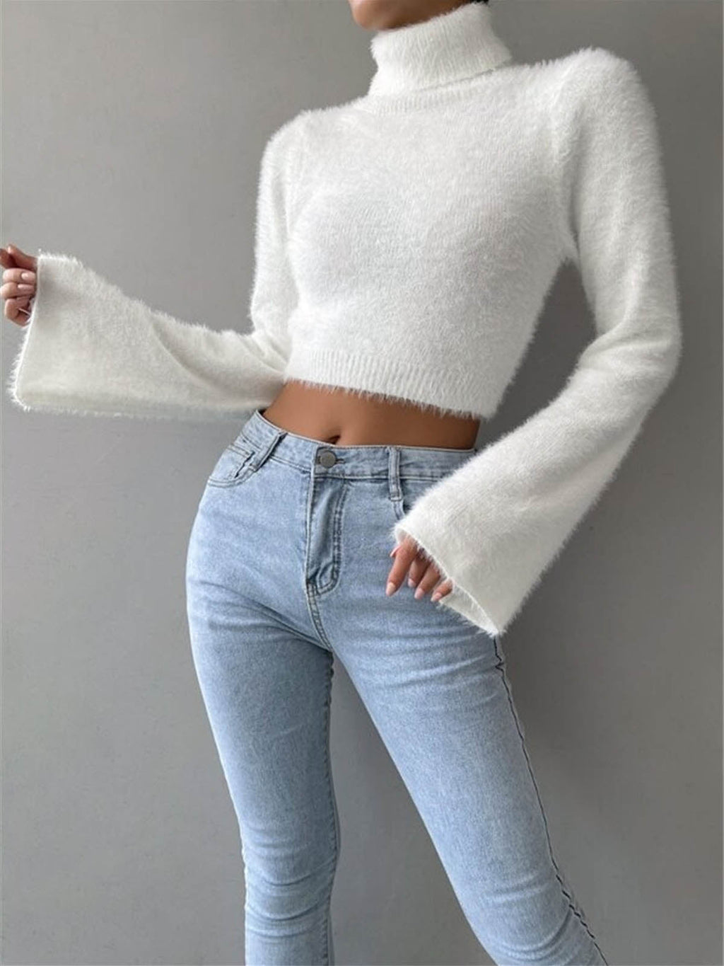 Turtleneck Fuzzy Crop Knit Top image 2