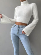 Turtleneck Fuzzy Crop Knit Top image 2