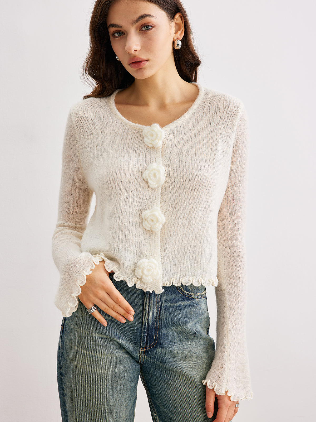 Wool-Blend Lettuce Trim 3D Flower Cardigan image 1