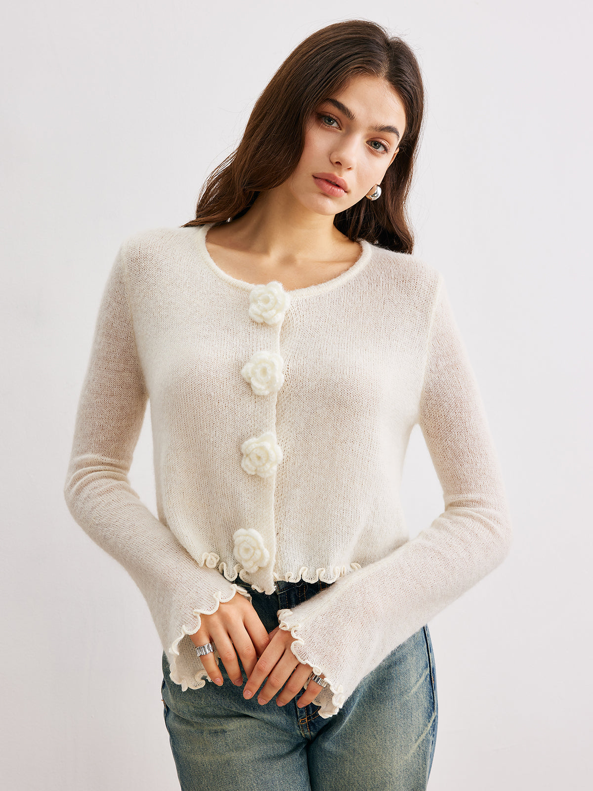 Wool-Blend Lettuce Trim 3D Flower Cardigan image 2