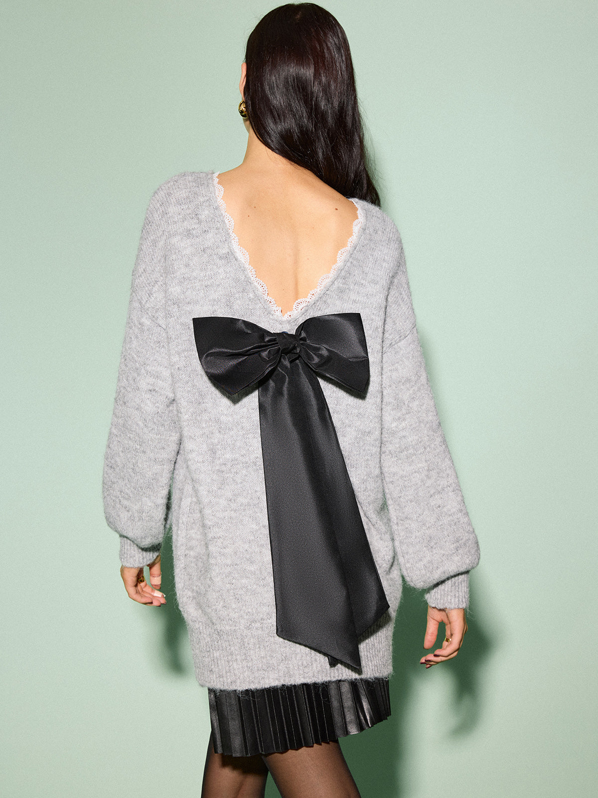Lace Trim Bow-Decor Draped Sweater image 3