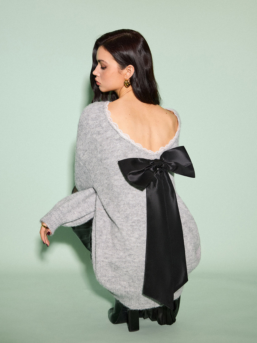 Lace Trim Bow-Decor Draped Sweater image 1