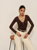V-Neck Cutout Pleated Slim Knit Top image 1