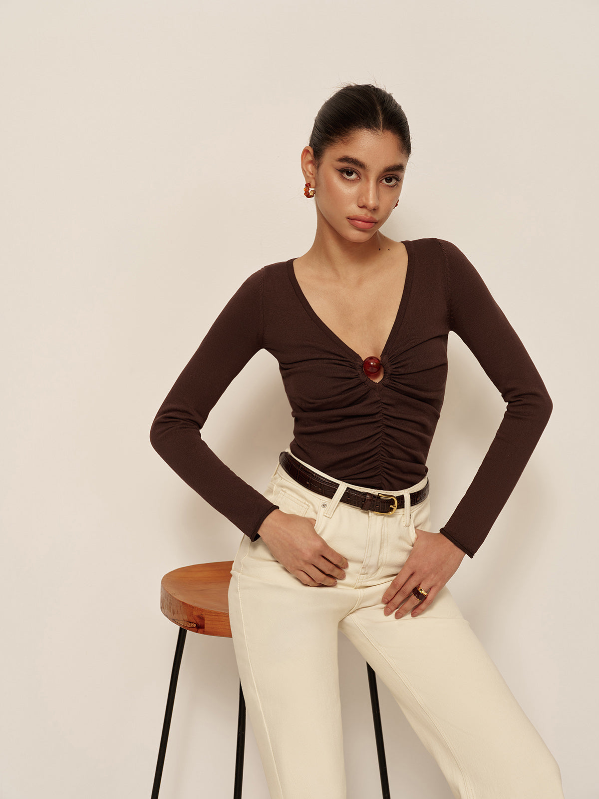V-Neck Cutout Pleated Slim Knit Top image 1