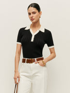 Collared Button Detail Ribbed Knit Top image 3