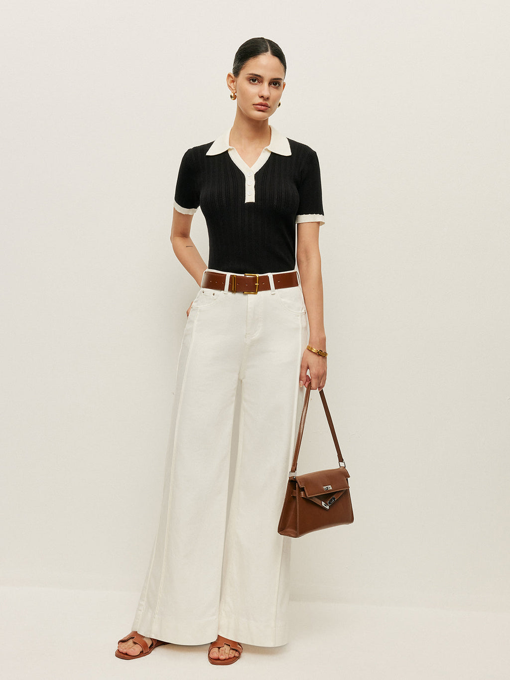 Collared Button Detail Ribbed Knit Top image 5