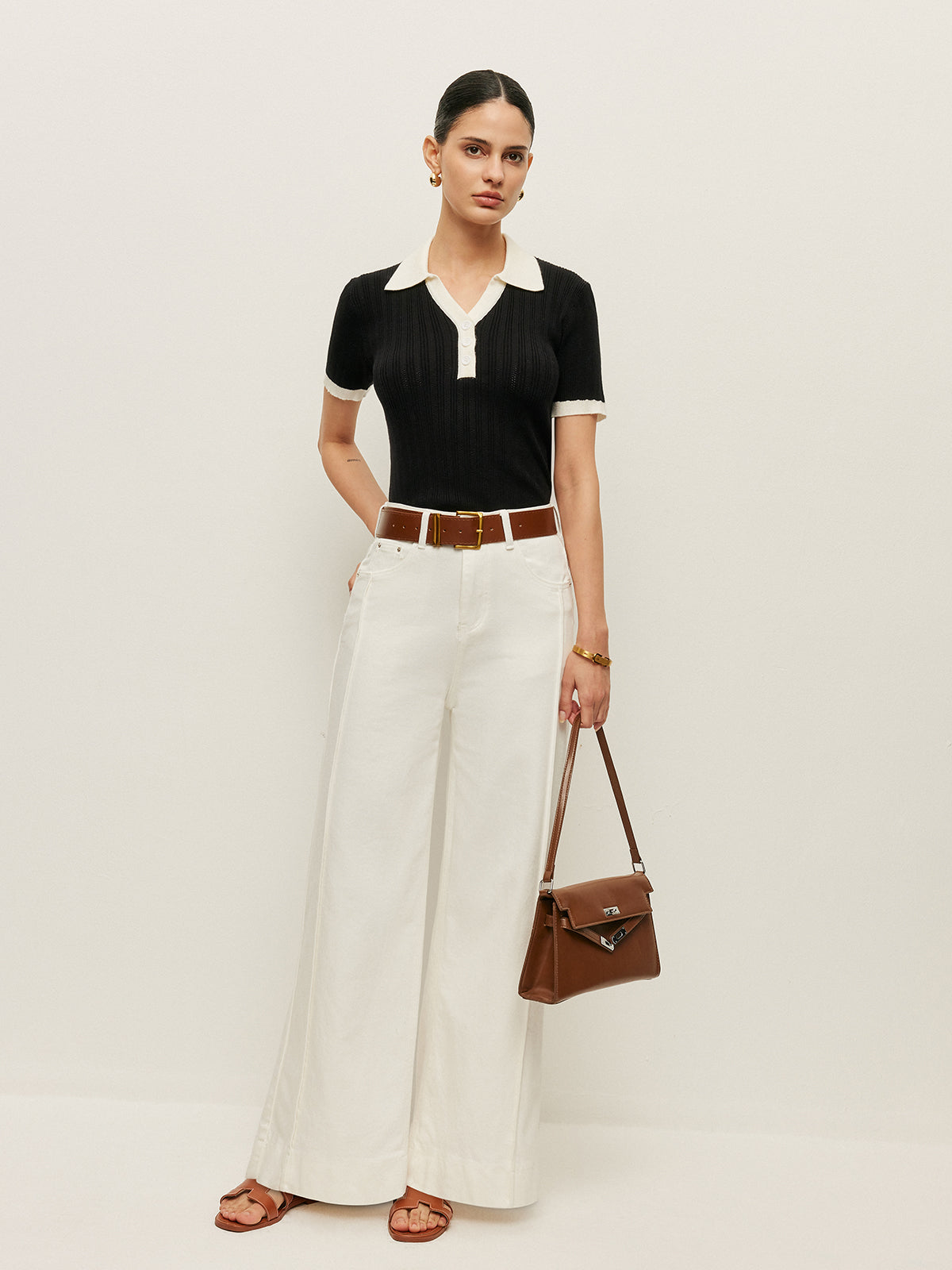 Collared Button Detail Ribbed Knit Top image 5