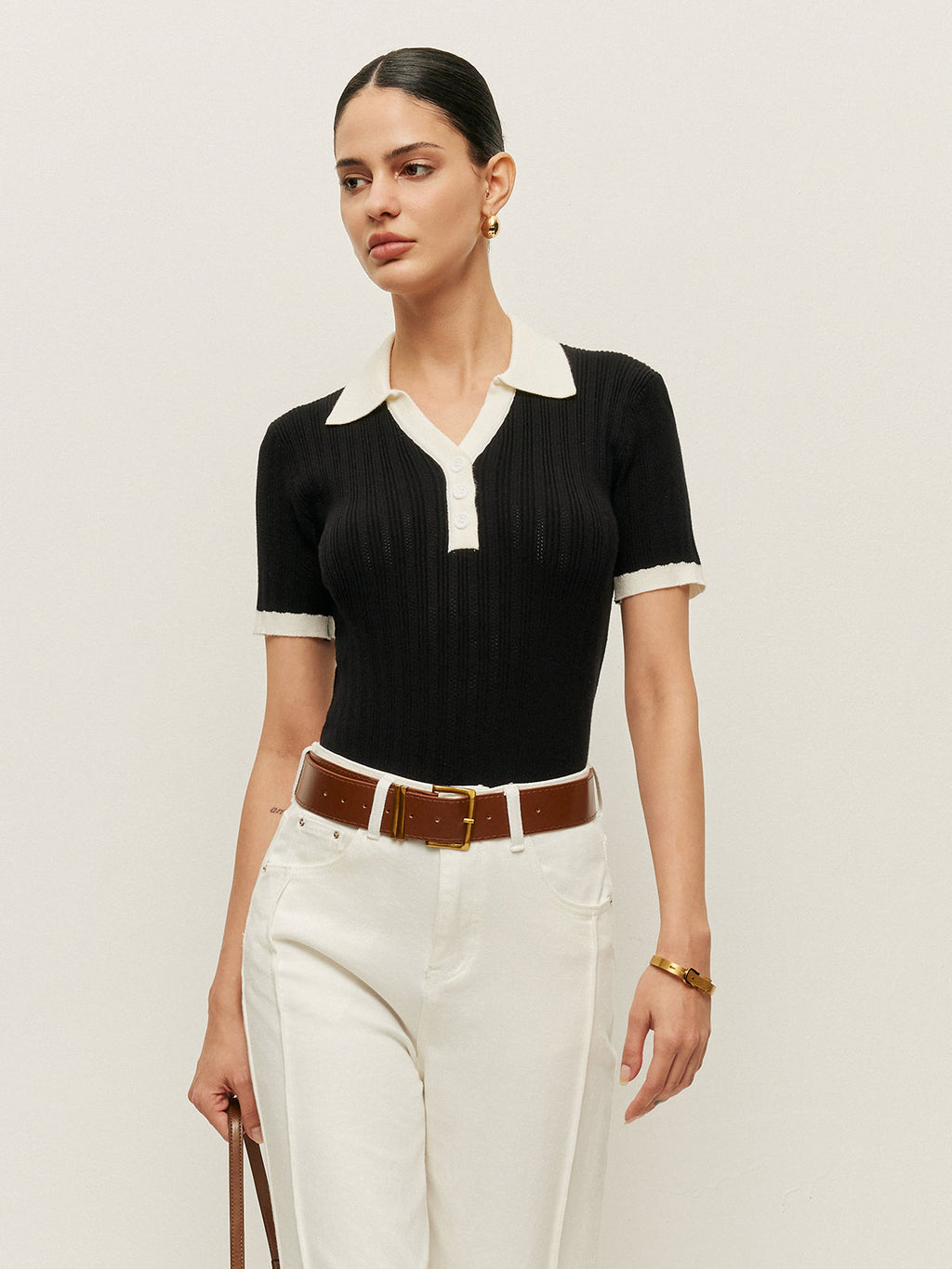 Collared Button Detail Ribbed Knit Top image 1