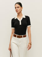 Collared Button Detail Ribbed Knit Top image 1