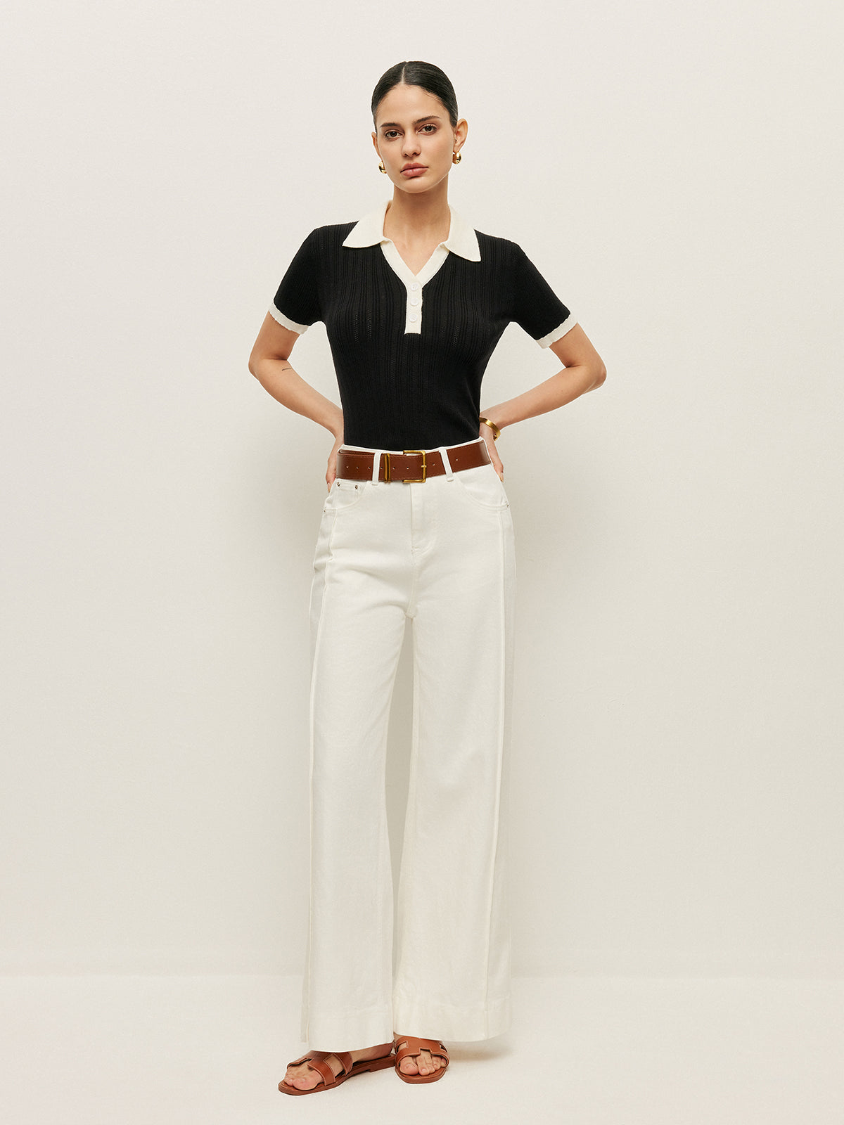Collared Button Detail Ribbed Knit Top image 6