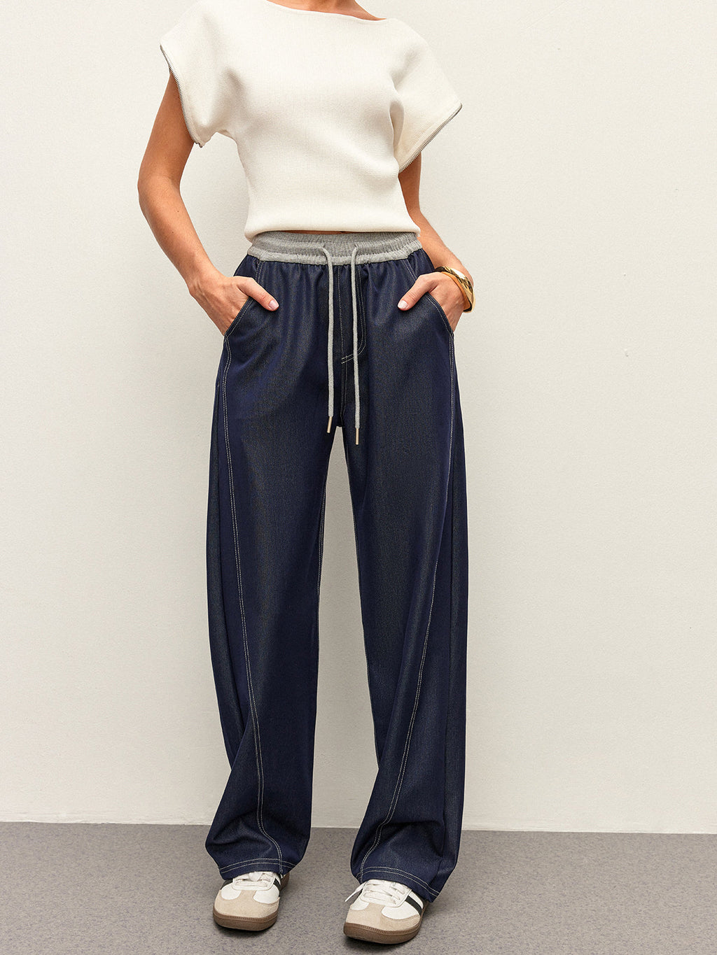 High-Waist Drawstring Denim Pants With Pockets image 4
