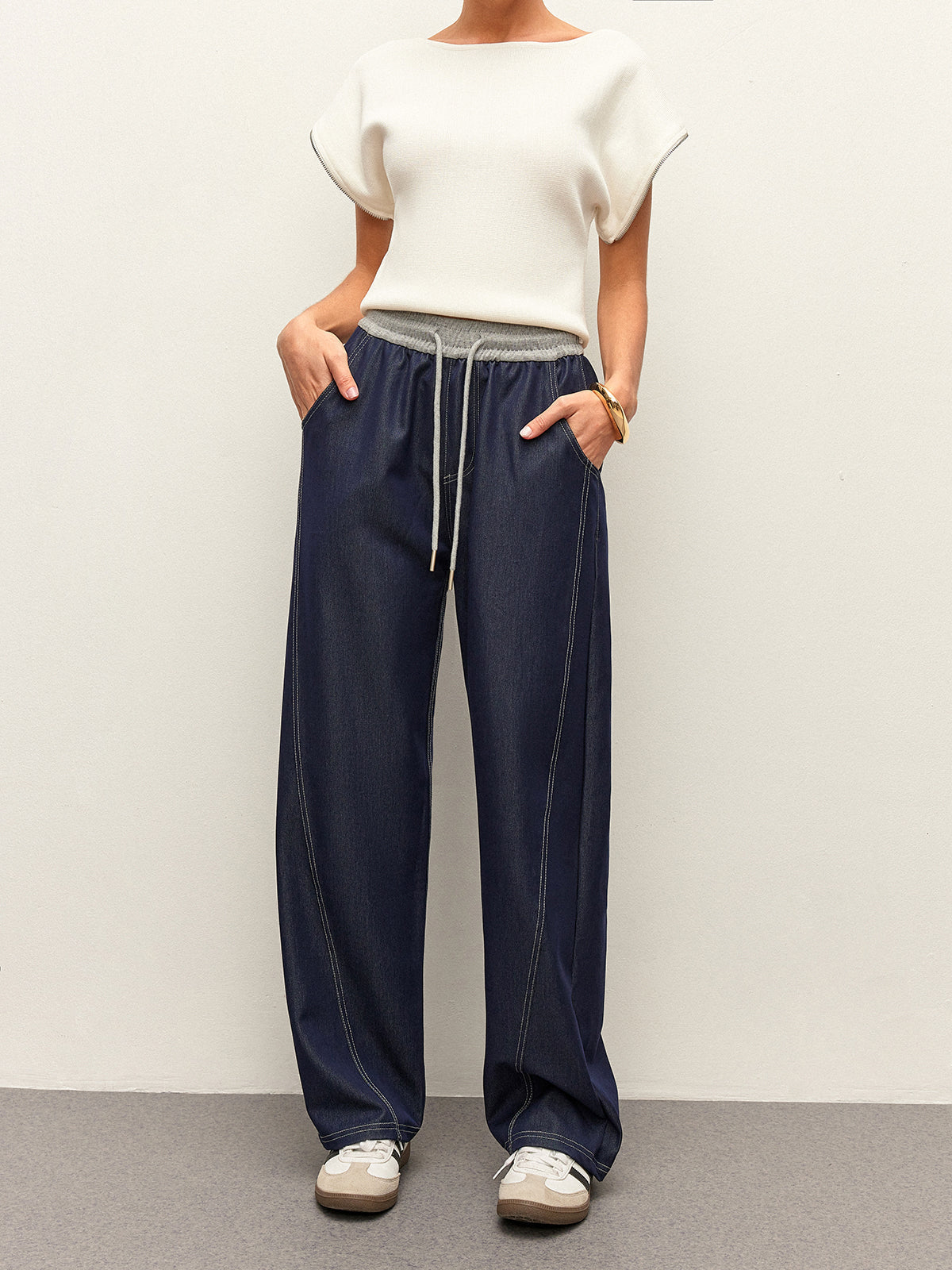 High-Waist Drawstring Denim Pants With Pockets image 3