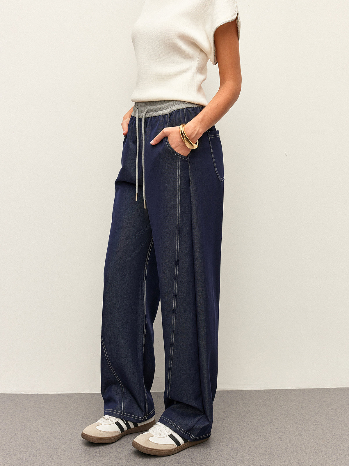 High-Waist Drawstring Denim Pants With Pockets image 2