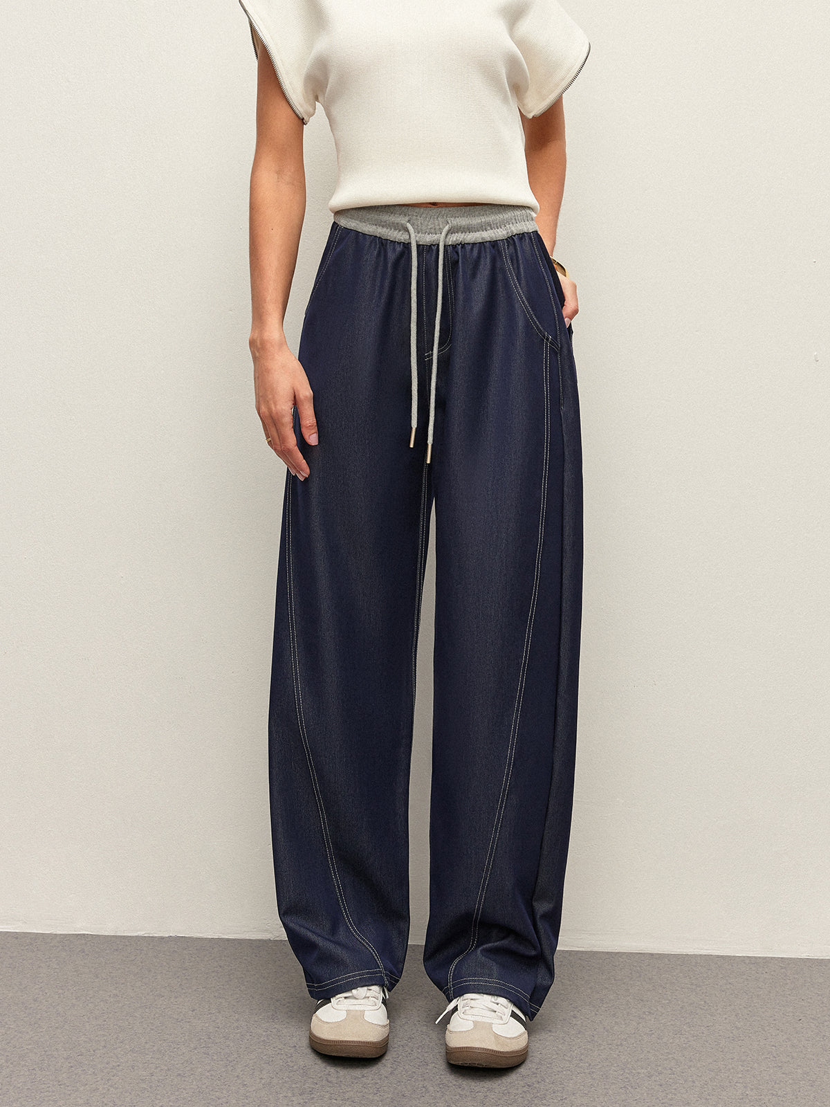 High-Waist Drawstring Denim Pants With Pockets image 1