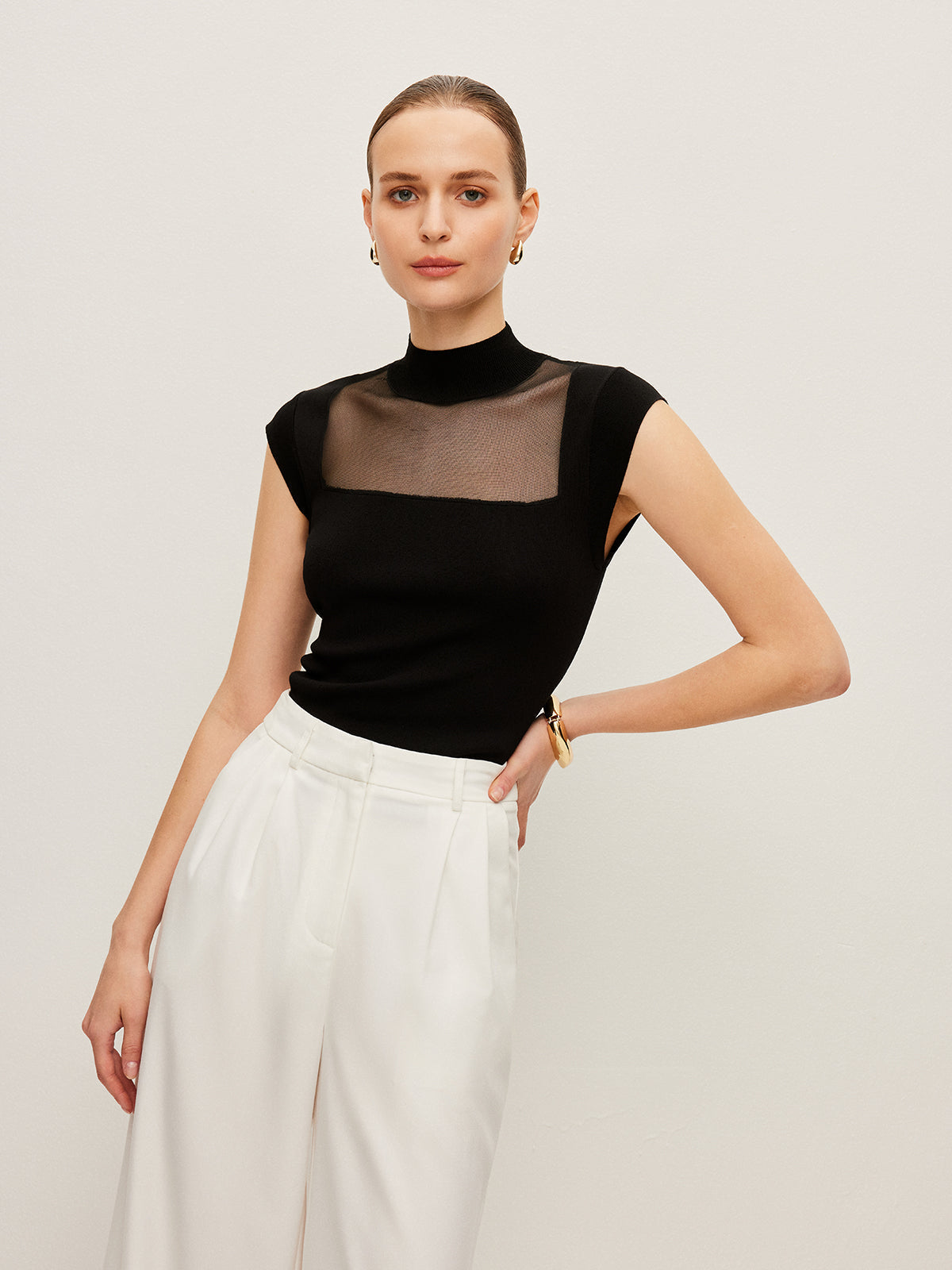Mesh Panel Mock Neck Top image 10