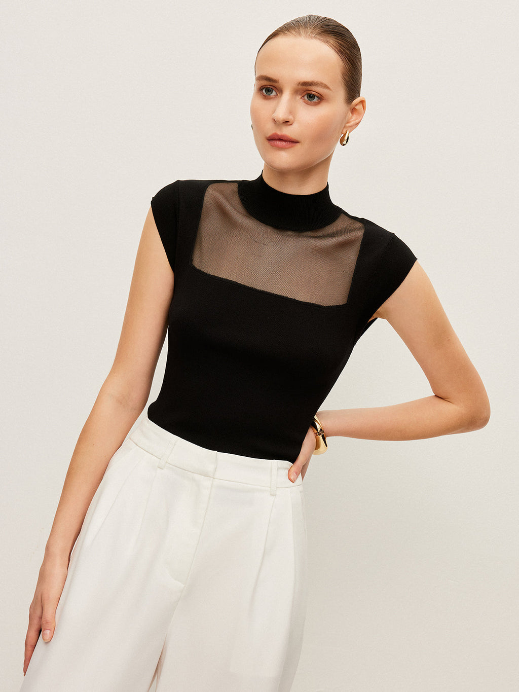 Mesh Panel Mock Neck Top image 9