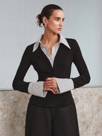 Mock Two-Piece Long-Sleeve Two Tone Polo Top image 2