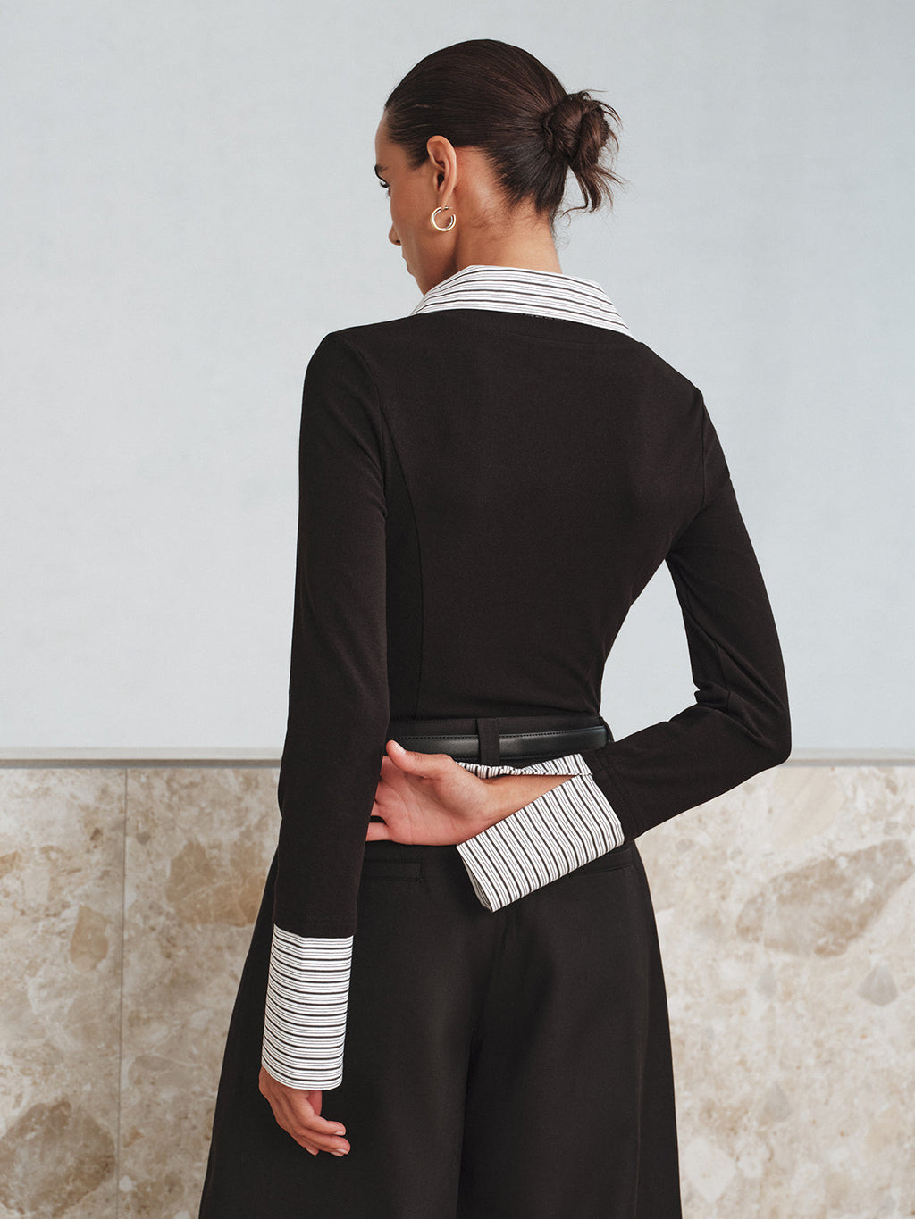 Mock Two-Piece Long-Sleeve Two Tone Polo Top image 3