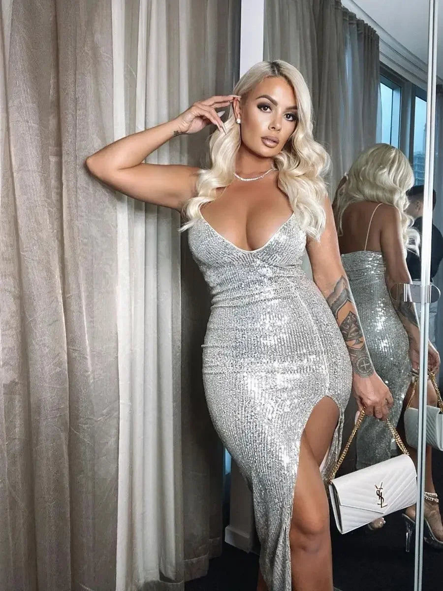 Glitter V-Neck Split Party Dress image 5