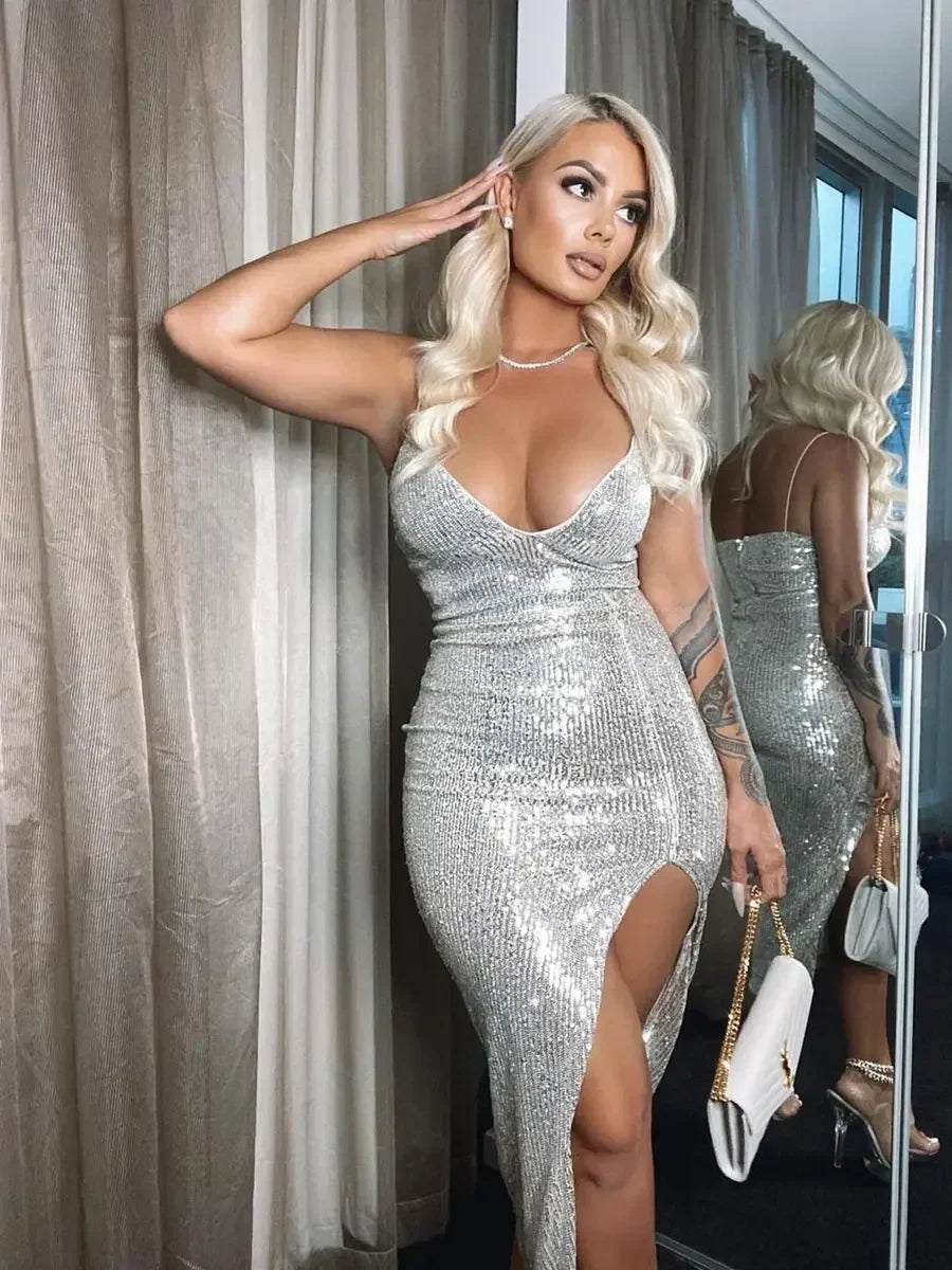 Glitter V-Neck Split Party Dress image 6
