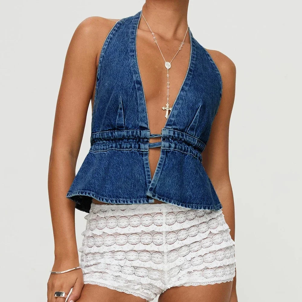 Bow Tie-Up Denim Crop Top image 1
