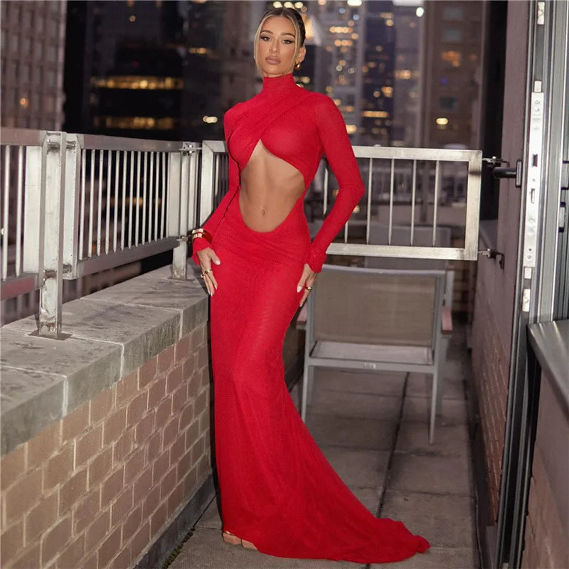 Elegant Cut Out Maxi Dress Party Club Long Sleeve Ruched Party Dress image 6