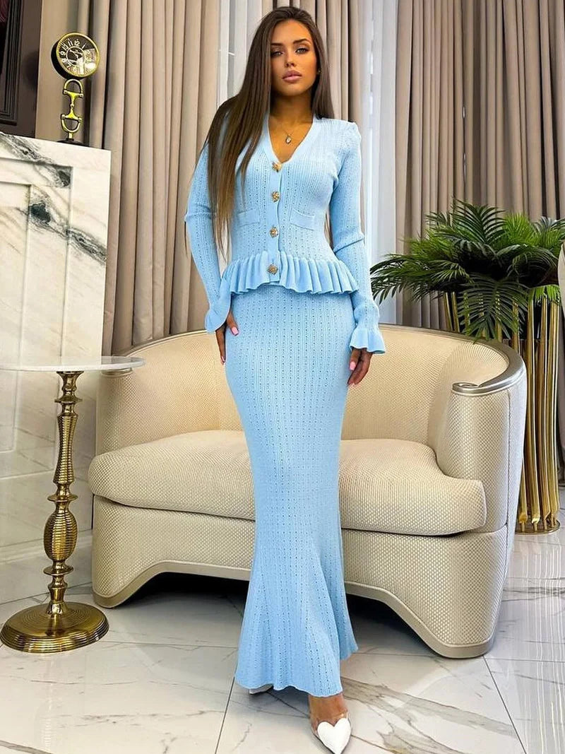 Elegant Knitted Matching Long Office Two Piece Set image 5