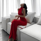 Elegant Off Shoulder High Waist Slim Long Red Luxury Evening Party Dress image 5