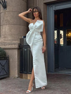 Elegant Large Bow Tie Sling High Slit Chic Off Party Dress image 1