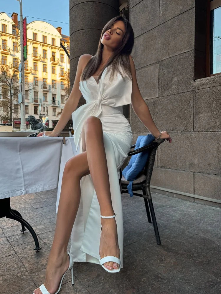 Elegant Large Bow Tie Sling High Slit Chic Off Party Dress image 4