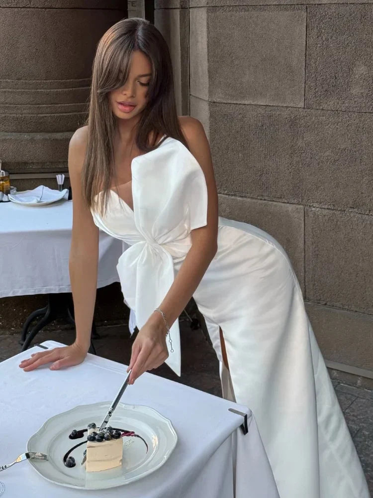 Elegant Large Bow Tie Sling High Slit Chic Off Party Dress image 2
