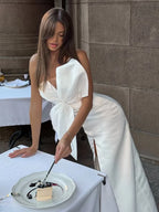 Elegant Large Bow Tie Sling High Slit Chic Off Party Dress image 2