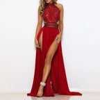 Elegant See Through High Split Backless Lace Red Party Dress image 1