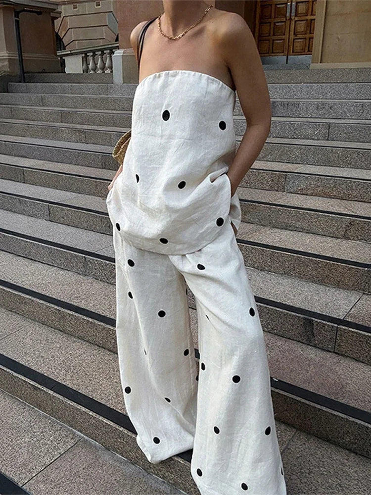 Polka Dot Tube Top Wide Pants Office Two Piece Set image 2