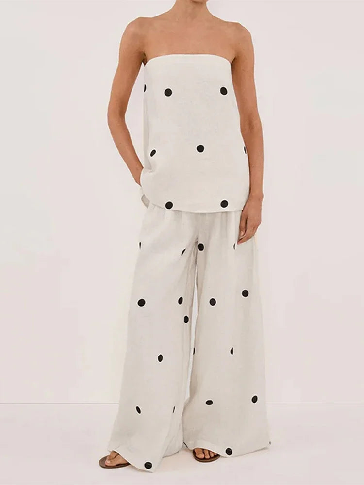 Polka Dot Tube Top Wide Pants Office Two Piece Set image 4