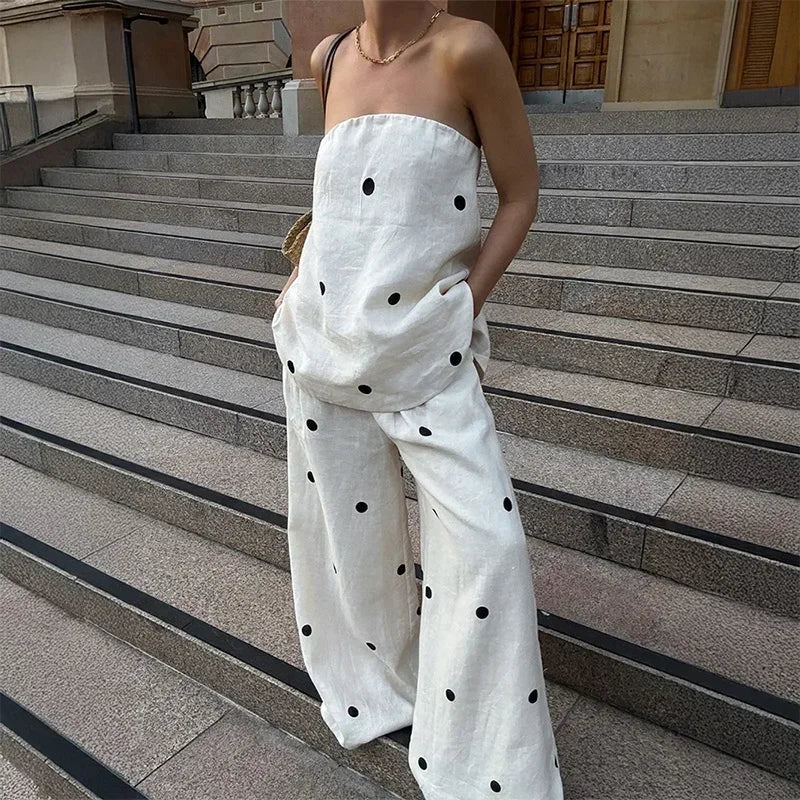 Polka Dot Tube Top Wide Pants Office Two Piece Set image 7