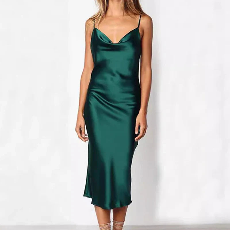 Elegant Satin Long Dresses Green Party Sexy Evening Backless Summer Party Dress image 1