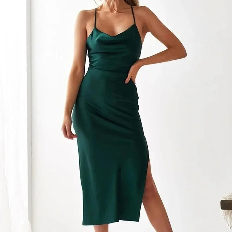 Elegant Satin Long Dresses Green Party Sexy Evening Backless Summer Party Dress image 2