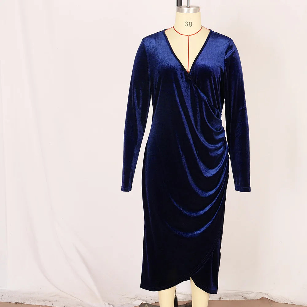 Elegant Velvet Bodycon Dress Women Sexy Wrapped V-neck Long Sleeve Party Dress image 6