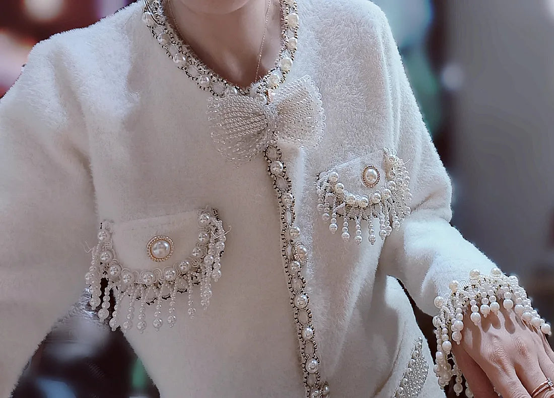 Pearls Tassels Fringed Bow Cardigan image 2