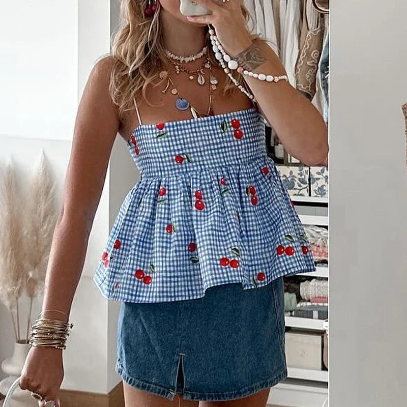 Cherry Plaid Peplum Crop Top image 3