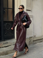 Red Lapel Leather Belted Coat image 1