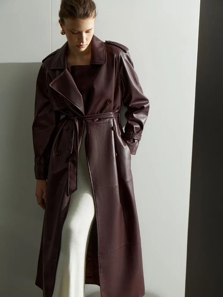 Red Lapel Leather Belted Coat image 3