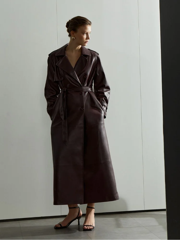 Red Lapel Leather Belted Coat image 2