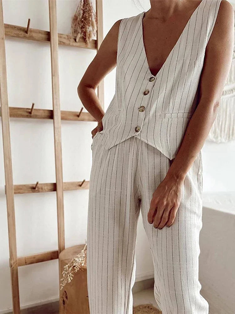 Cotton Linen Striped Wide Leg Office Two Piece Set image 6