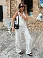 Cotton Linen Striped Wide Leg Office Two Piece Set image 3