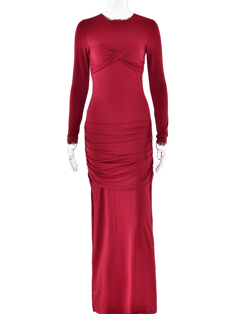 Fashion O-neck Long Sleeve High Waist Bodycon Red Party Dress image 5