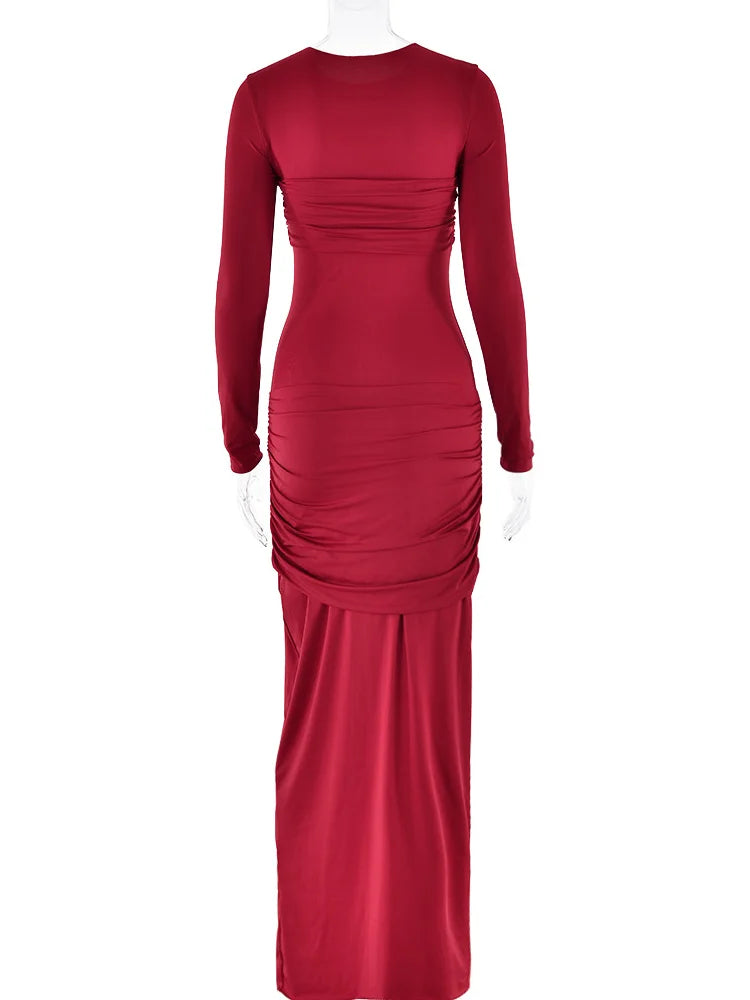 Fashion O-neck Long Sleeve High Waist Bodycon Red Party Dress image 6