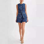 Denim O-neck Sleeveless Shorts Office Two Piece Set image 9